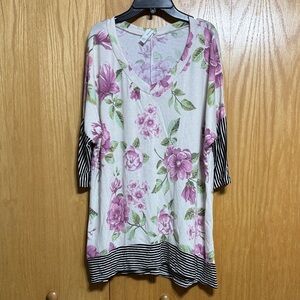 Honeyme Floral V-Neck Tunic in Pink and Green with Black-White Stripe Trim
